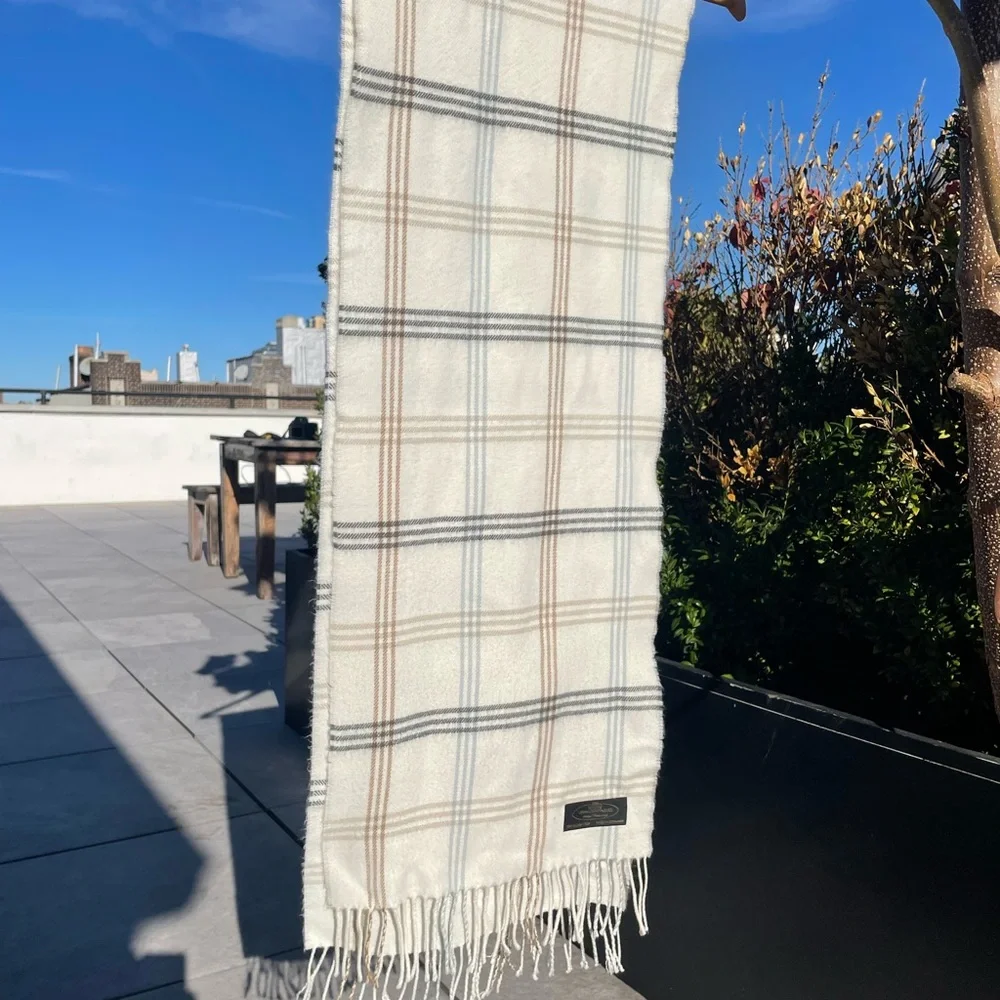 100% CASHMERE European Fringed Plaid Cream Scarf